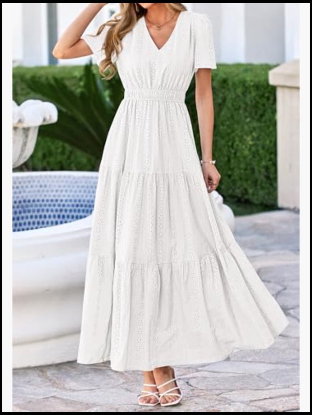 V Neck Hollow Out Eyelet A Line Flowy Maxi Dress - Picture 6 of 7